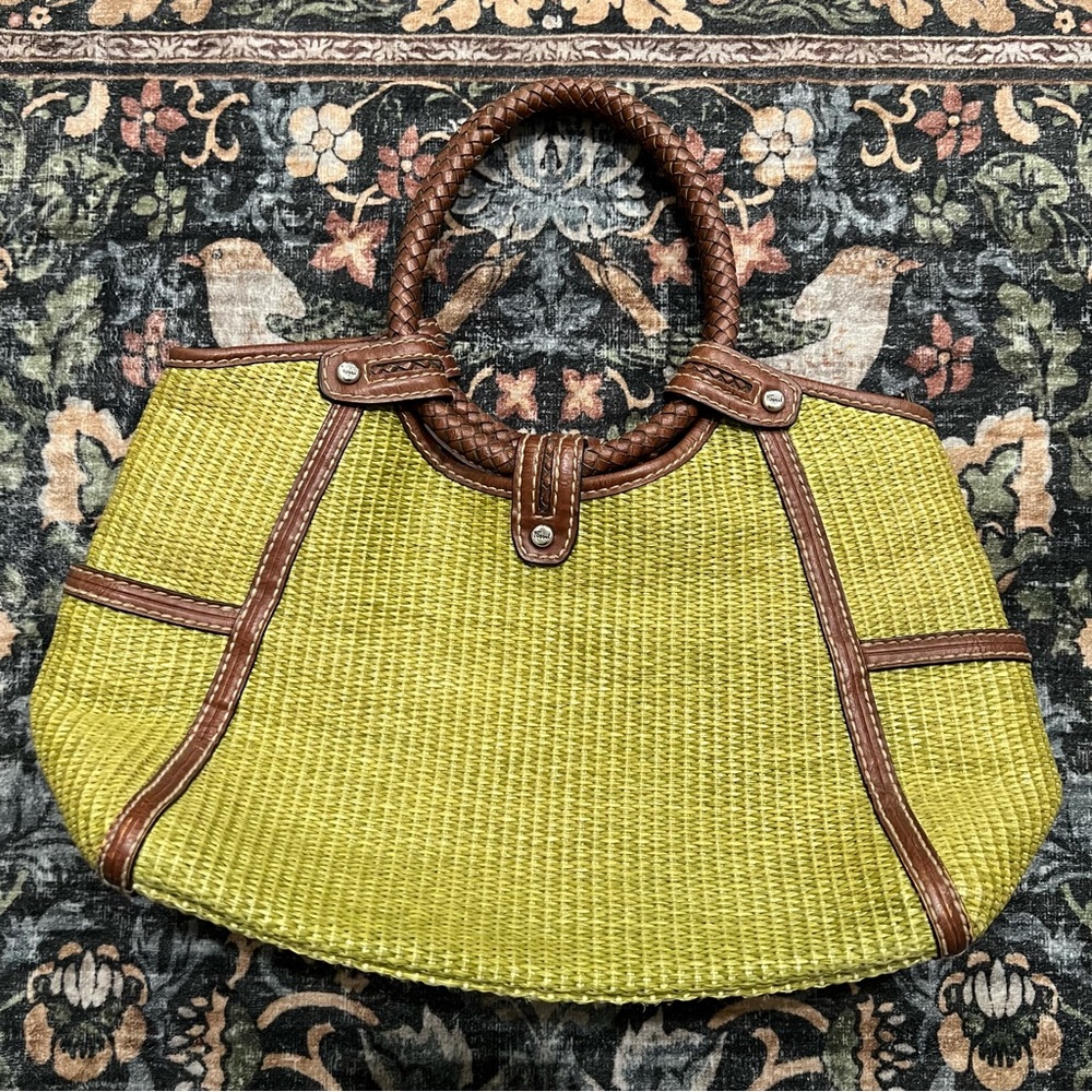 Fossil Green Woven Hobo with Brown Leather Trim Medium 16”